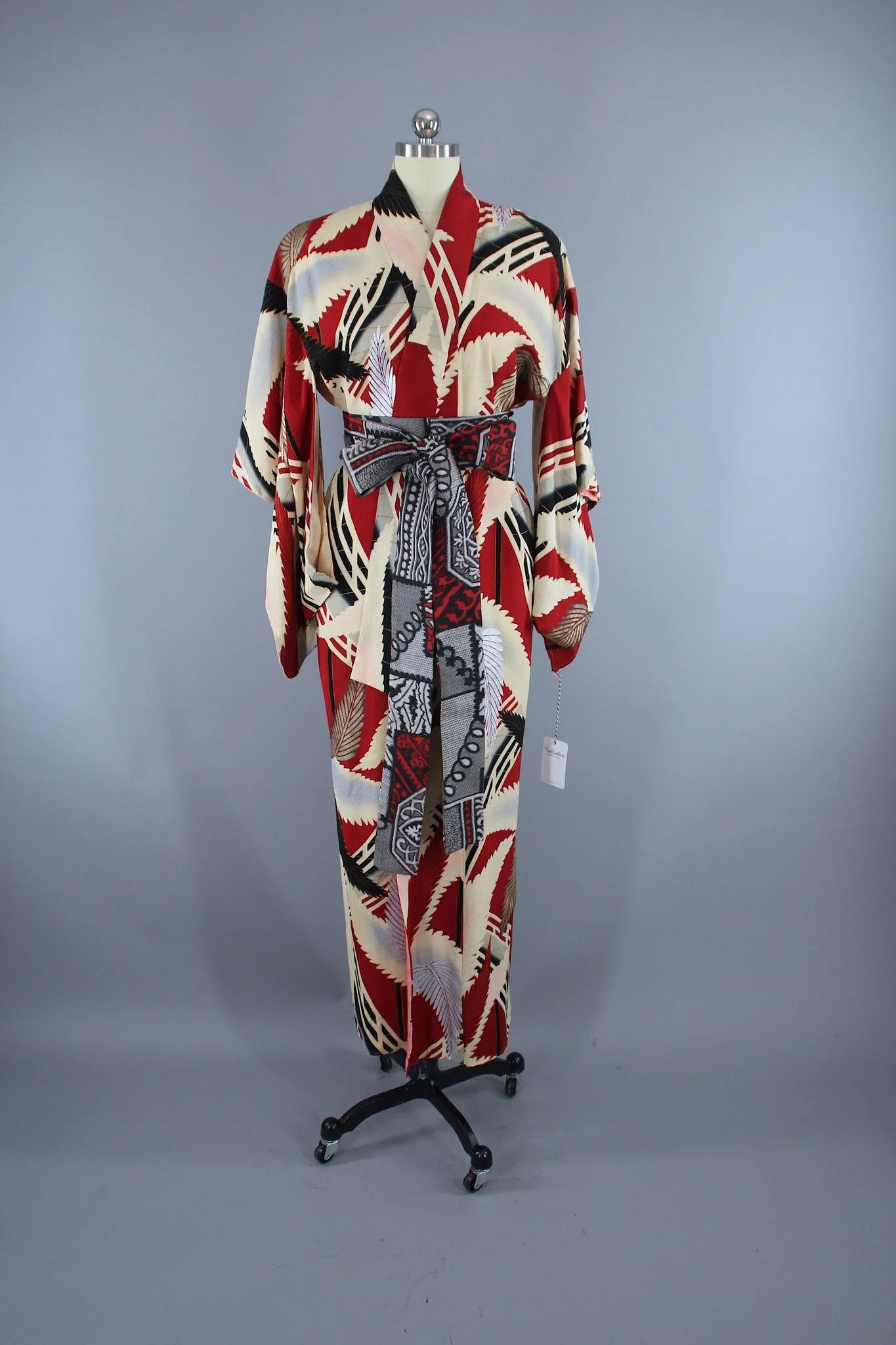1930s Vintage Silk Kimono Robe / Red & Ivory Palm Leaves