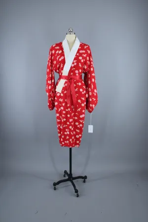 1930s Vintage Silk Kimono Robe / Red & Pink Floral Print