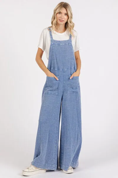Blue Textured Wide Leg Overalls