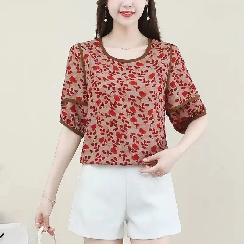 Casual Broken Short Sleeve Basic Printed Blouse