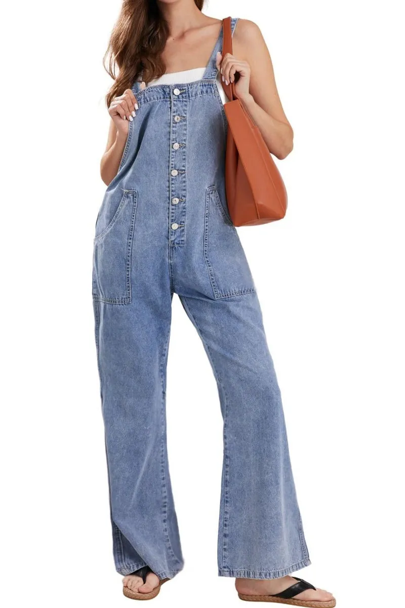 Chouyatou Casual Denim Jumpsuit for Women Overalls Wide Leg Jumpsuit Jeans Denim Bib Overalls Dungaree Pockets