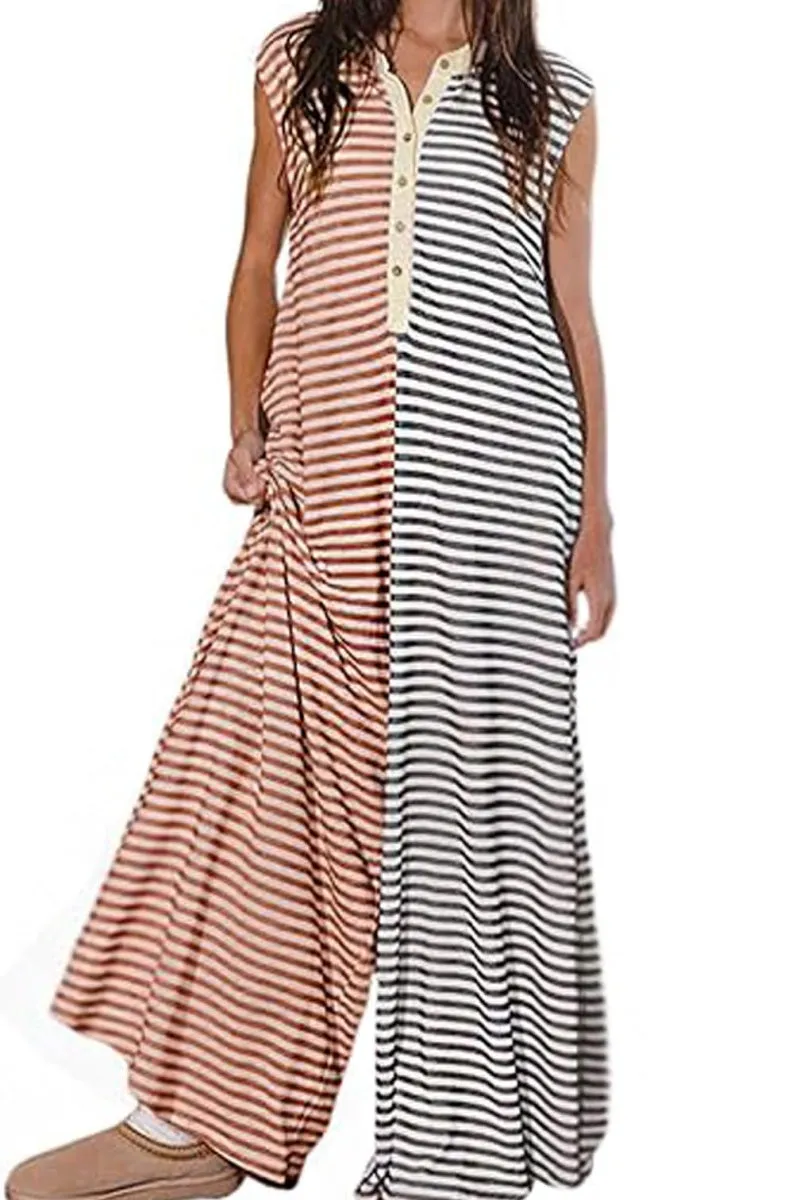 Chouyatou Loose Striped Wide Leg Jumpsuit for Women Summer Romper Flowy Pants Comfy Sleeveless Button Baggy Overalls