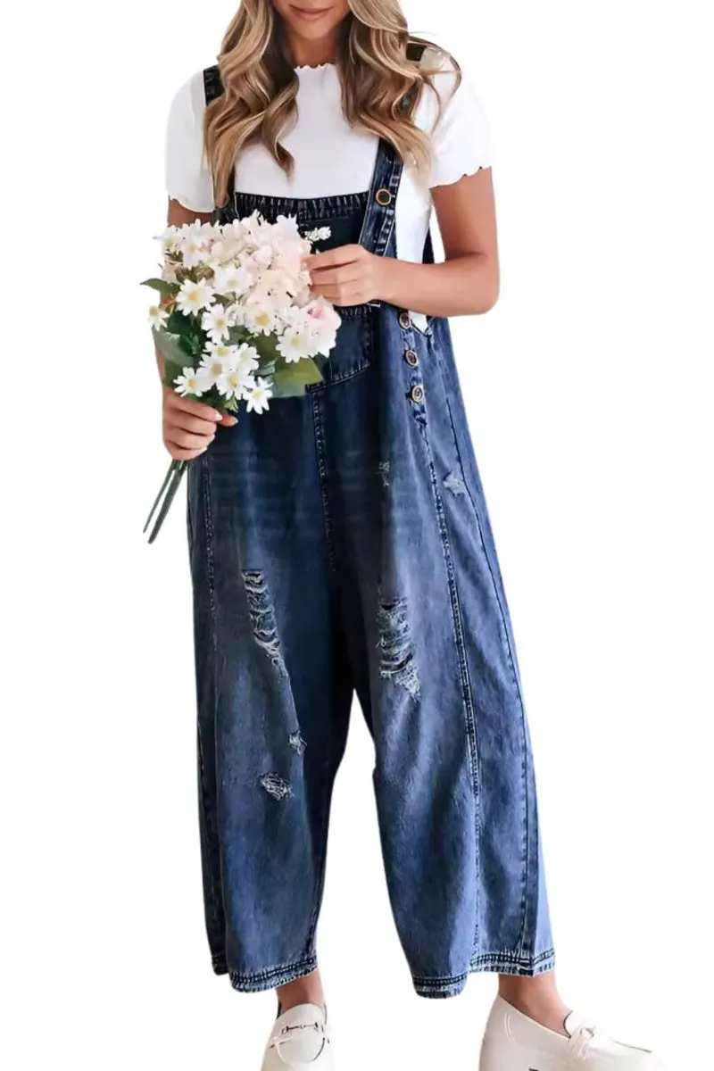 Chouyatou Women's Casual Adjustable Straps Denim Bib Overalls Distressed Ripped Wide Leg Jeans Long Pants Jumpsuits
