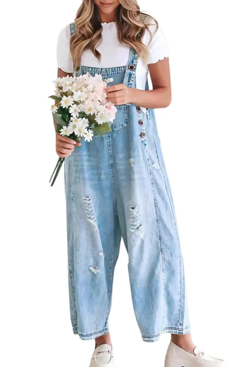 Chouyatou Women's Casual Adjustable Straps Denim Bib Overalls Distressed Ripped Wide Leg Jeans Long Pants Jumpsuits