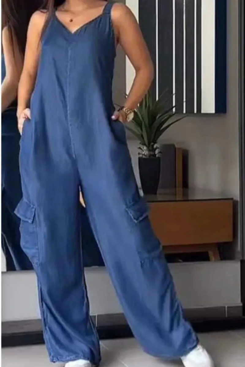 Chouyatou Womens Denim Overalls Jumpsuits Casual V-Neck Adjustable Straps Wide Leg Cargo Pants Twill Chino Bib Overalls