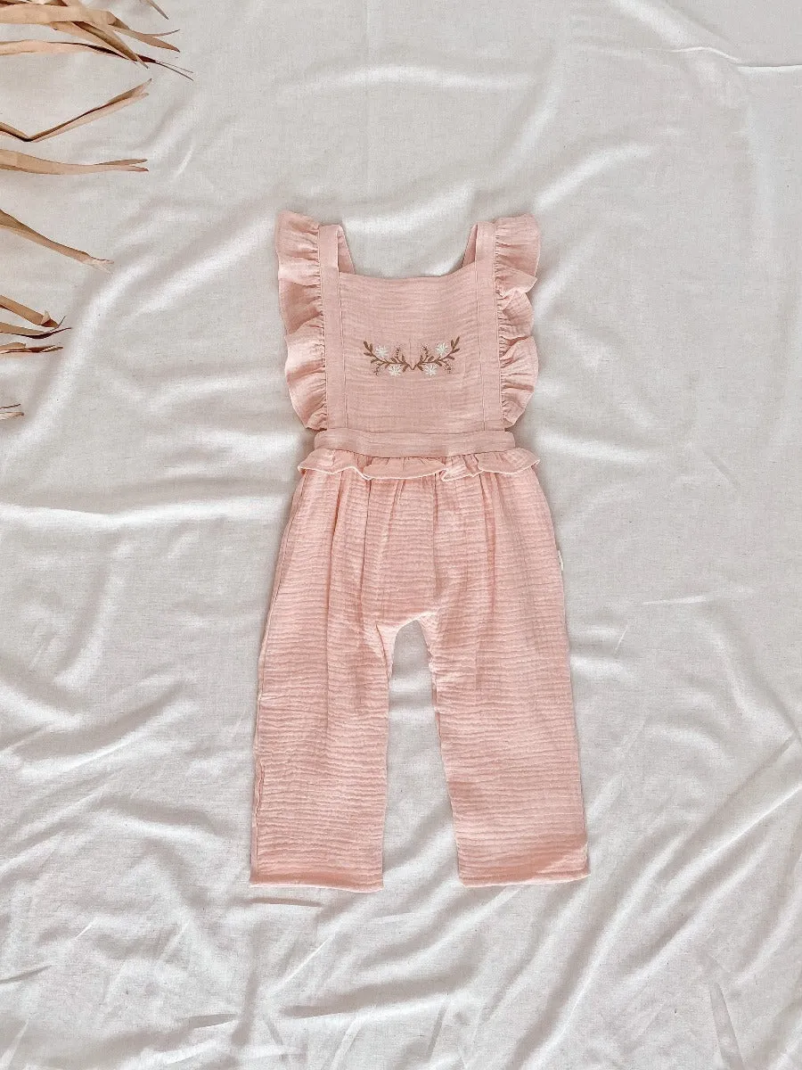 Embroidered Ruffle Jumpsuit - Vintage Pink