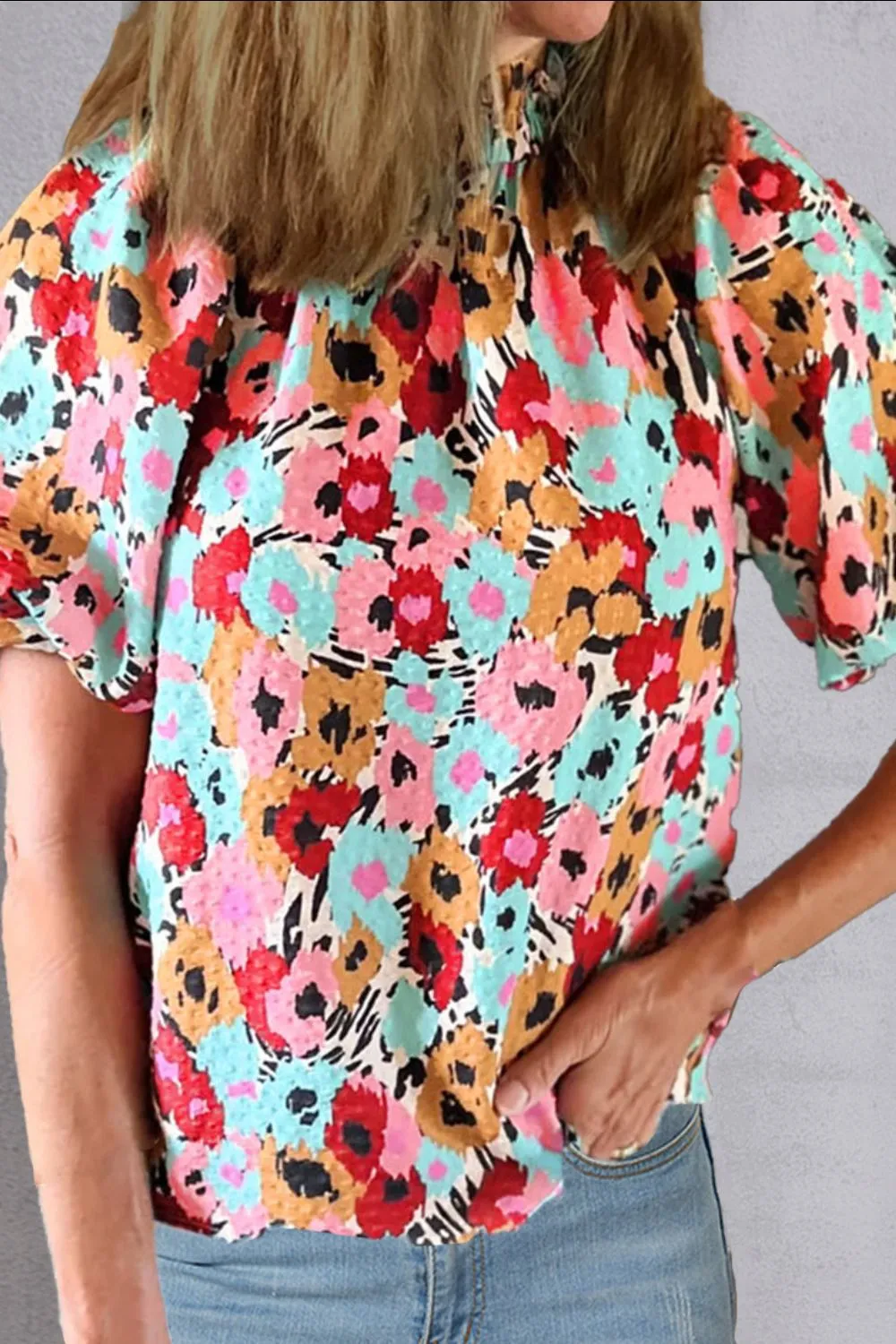 Evie Printed Mock Neck Short Sleeve Blouse