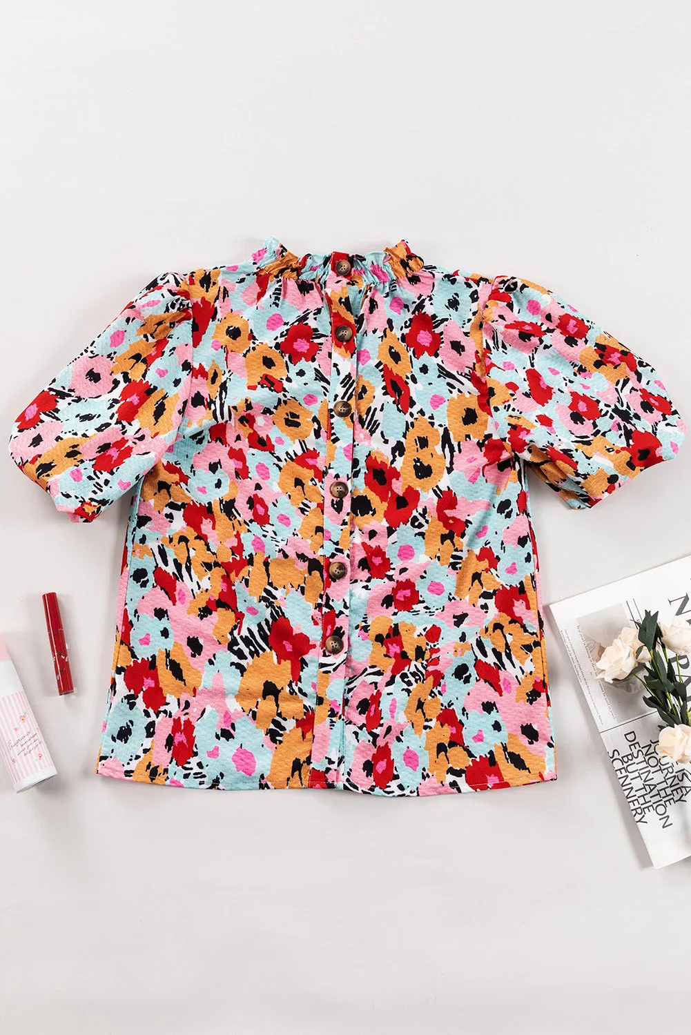 Evie Printed Mock Neck Short Sleeve Blouse
