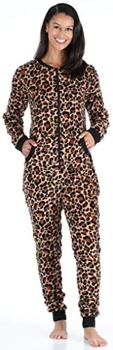 Frankie & Johnny Women's Non-Hooded Fleece Non-Footed Onesie Loungewear Pajamas, Cheetah, Medium