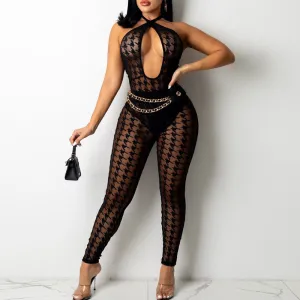 Houndstooth Pattern Sleeveless Halter Sheer Mesh Skinny Jumpsuit