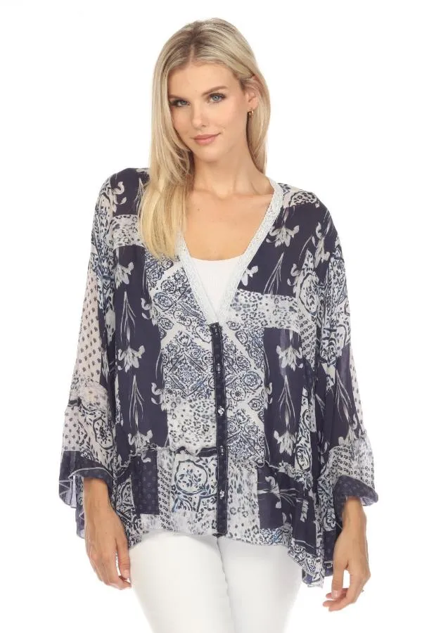 Johnny Was Blue Tangier Georgina Button Front Kimono Boho Chic C45823A2