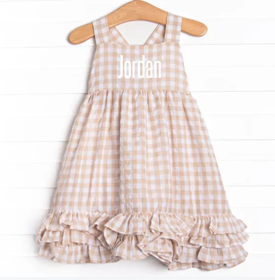 Jordan Check Dress, Tan Seersucker