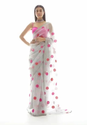 Light Grey Applique Organza Saree Set