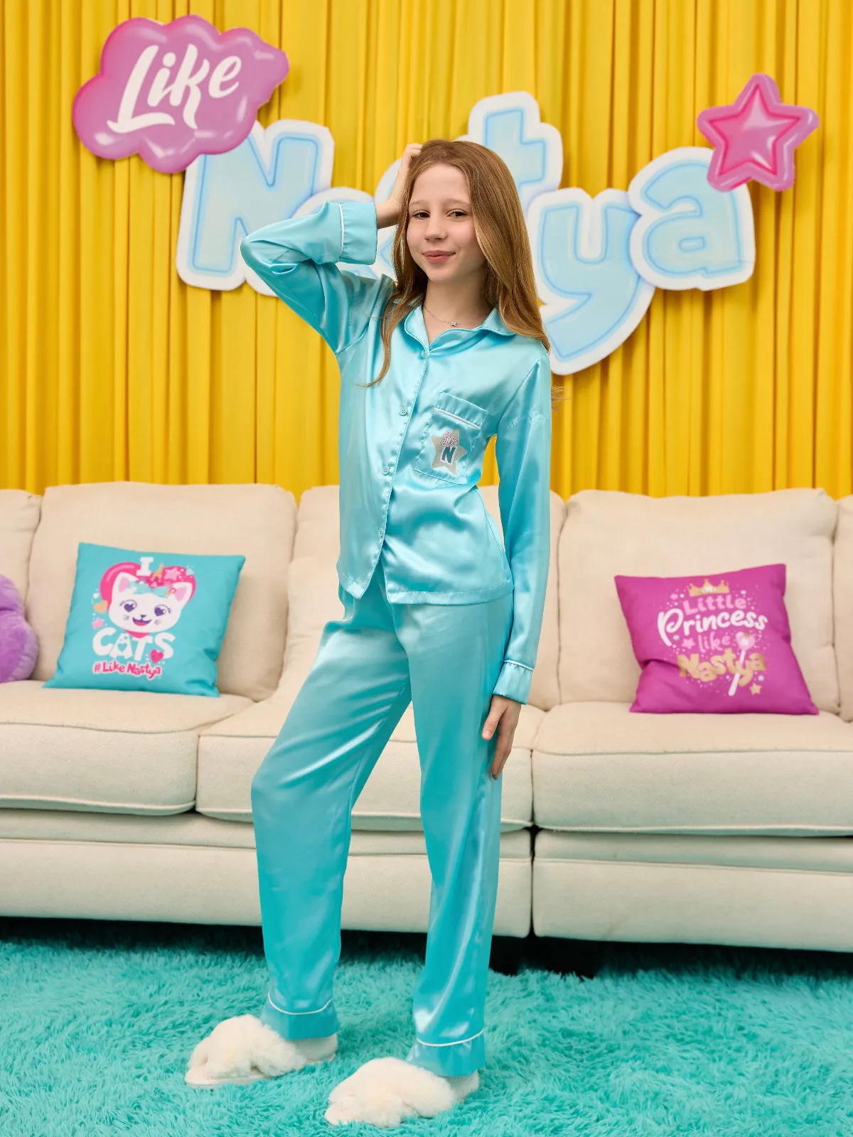 Like Nastya Starry Dreams Tiffany Blue Satin Pajama Set