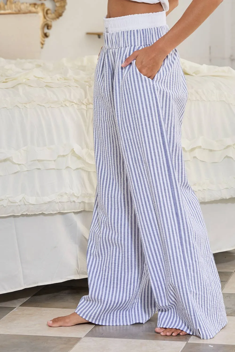 Navy Striped Seersucker Double Banded Exposed Bucketlist Boxer Pants