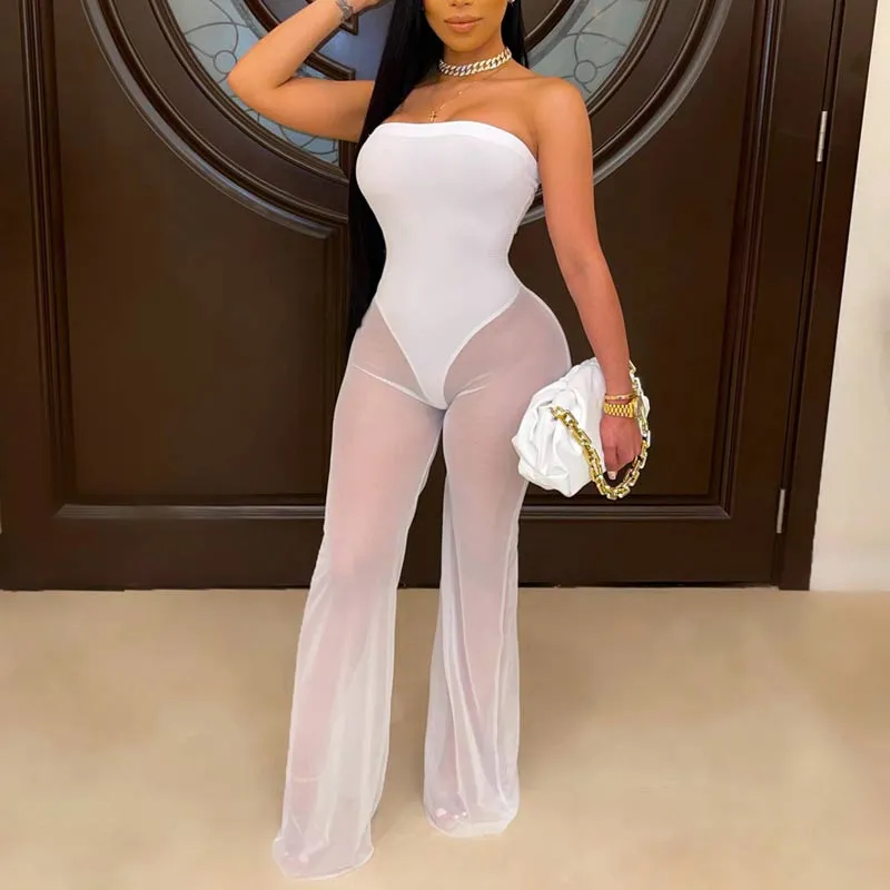 Off  Shoulder Sheer Mesh Jumpsuit