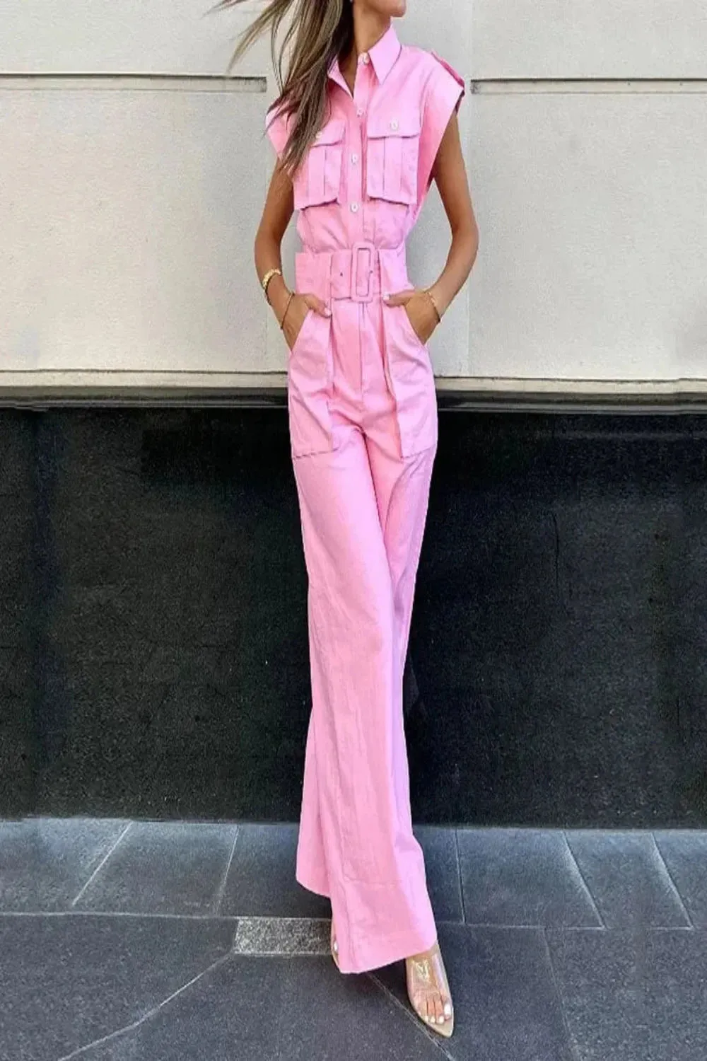 Pink Sleeveless High Waist Wide Leg Overalls