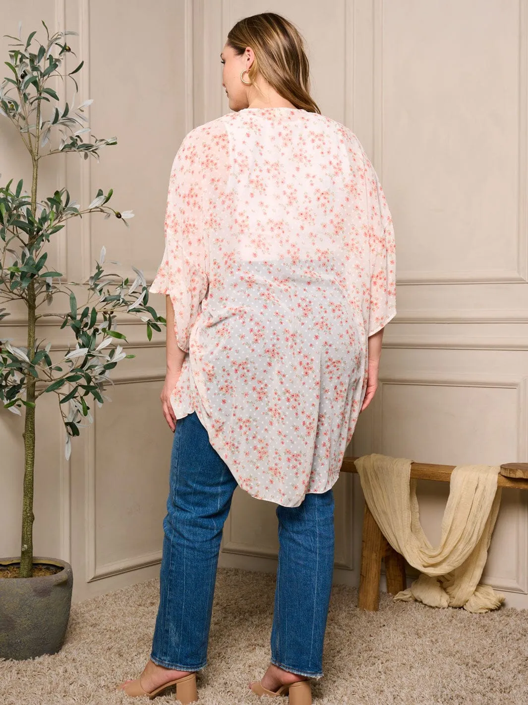 PLUS SIZE SHORT SLEEVE OPEN FRONT FLORAL SWISS DOTS KIMONO