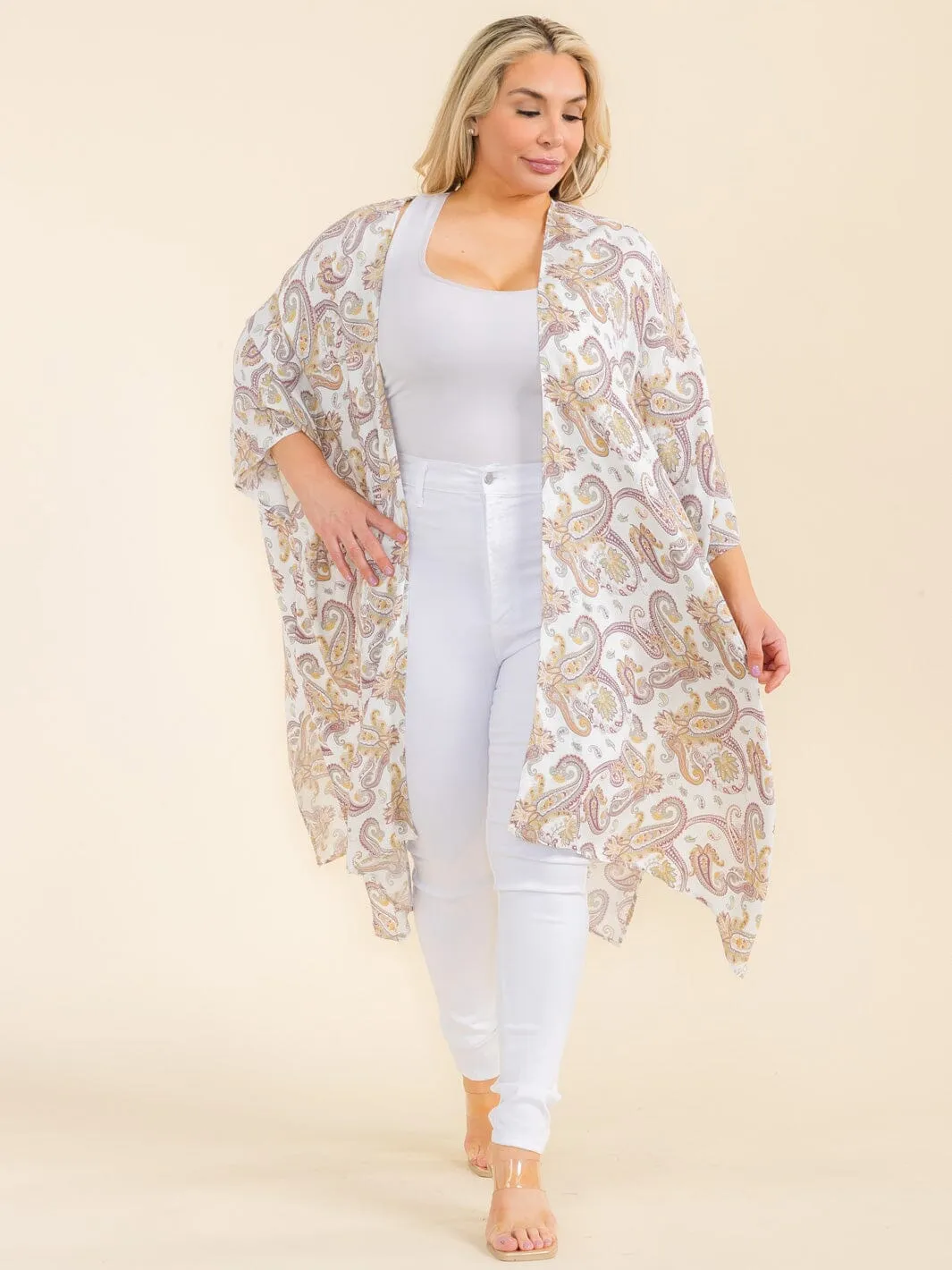PLUS SIZE SHORT SLEEVE OPEN FRONT PAISLEY PRINT CARDIGAN