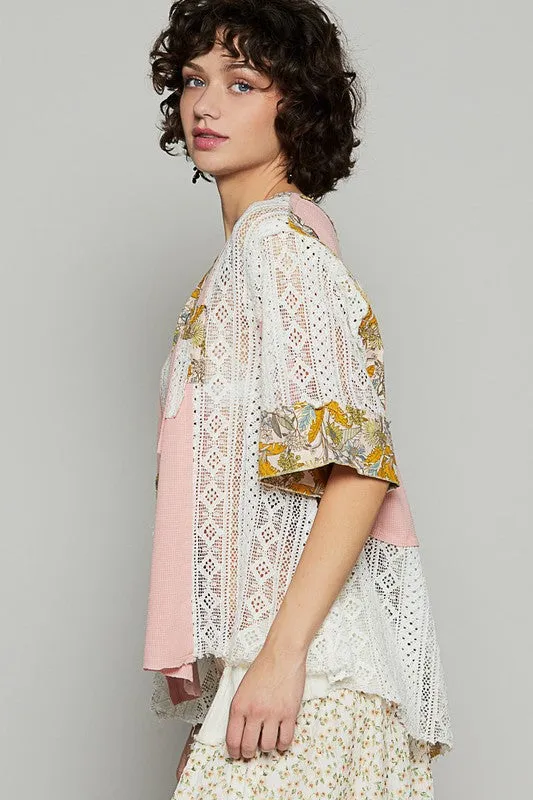 POL Vintage Washed Lace Patchwork Printed Half Button Top