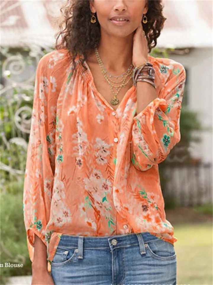 Printed V-Neck Bohemian Long-Sleeved Tops