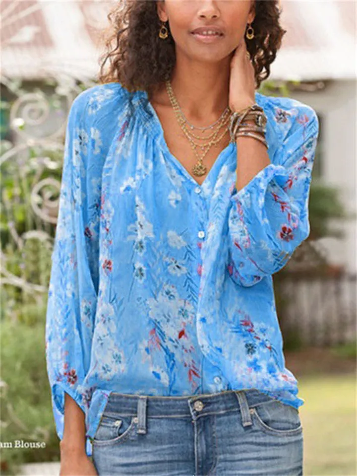 Printed V-Neck Bohemian Long-Sleeved Tops