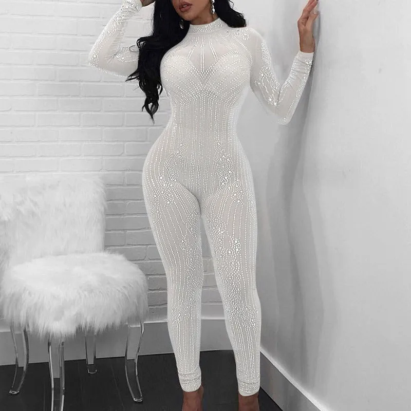 Rhinestone Sheer Mesh Patchwork Long Sleeve Jumpsuit