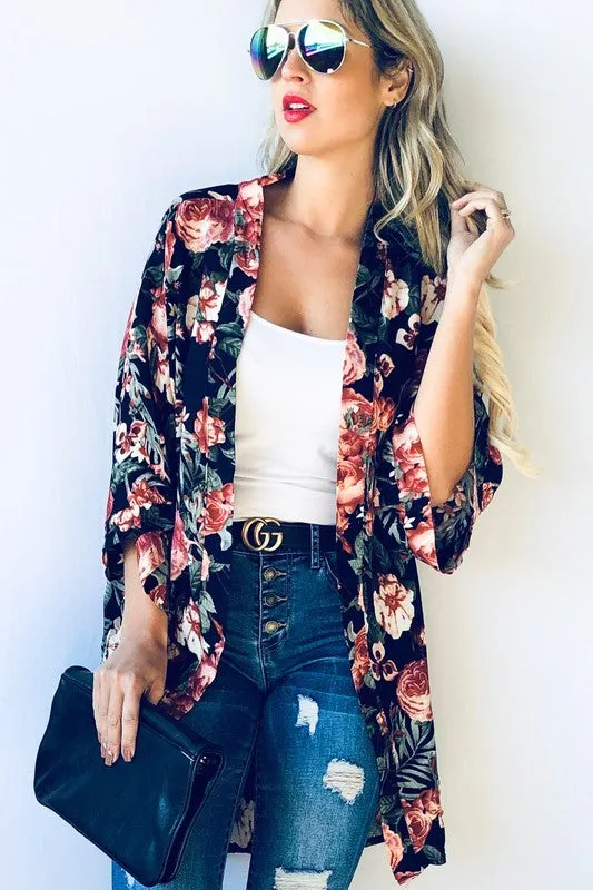 ROSE FLORAL PRINT KIMONO