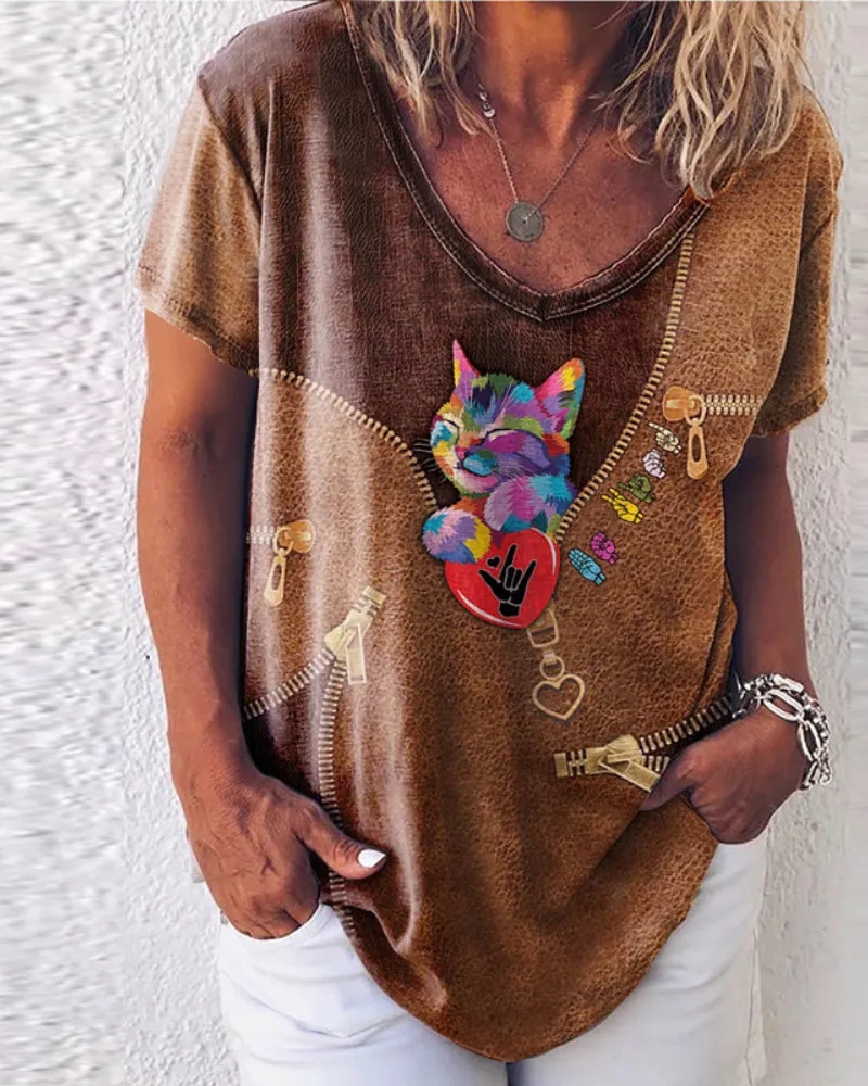 Round Neck Animal Printed T-Shirts Shirts Blouses