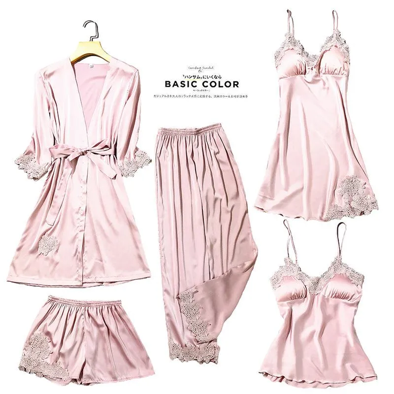 Satin Lace Sleepwear Pajamas 2-5 Piece Sets Pajamas Night Robe Gown