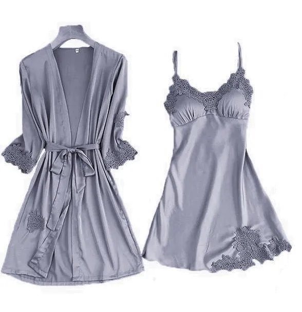 Satin Lace Sleepwear Pajamas 2-5 Piece Sets Pajamas Night Robe Gown
