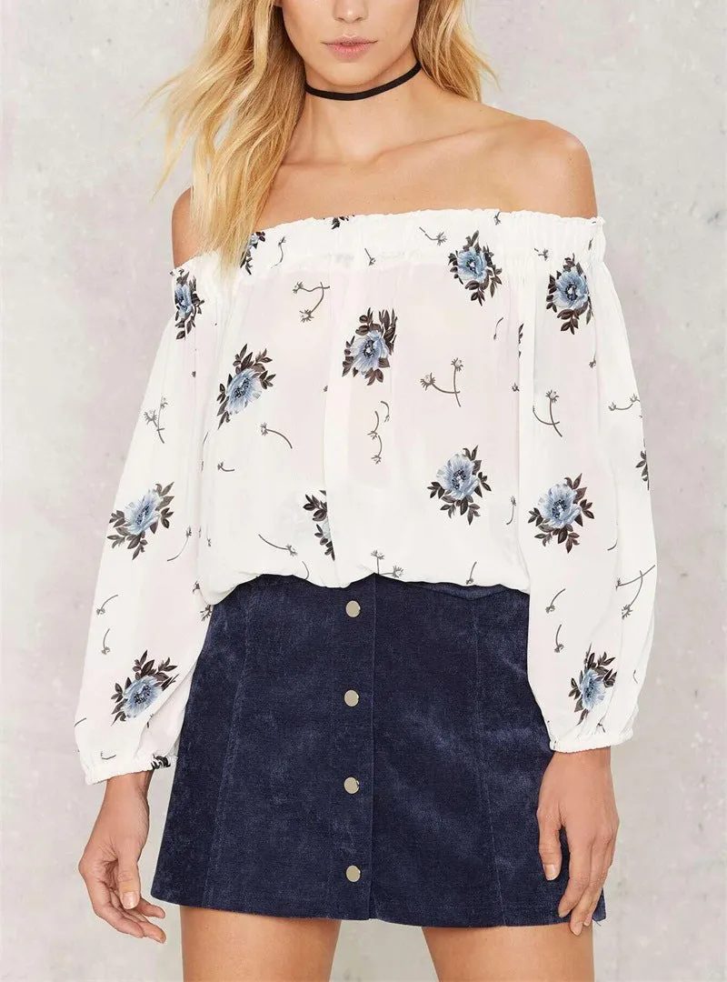 Sexy Word Collar Long Sleeve Printed Chiffon Shirt