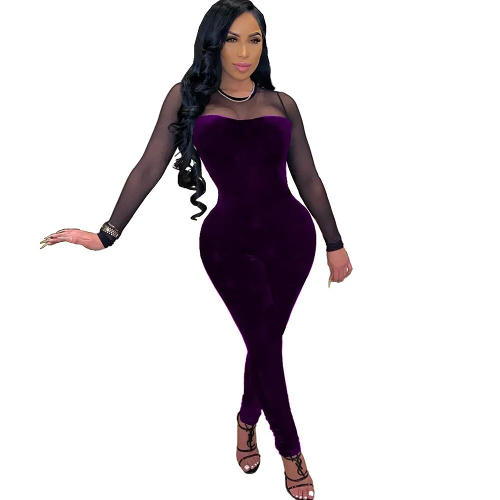 Sheer Mesh Patchwork Velvet Jumpsuit