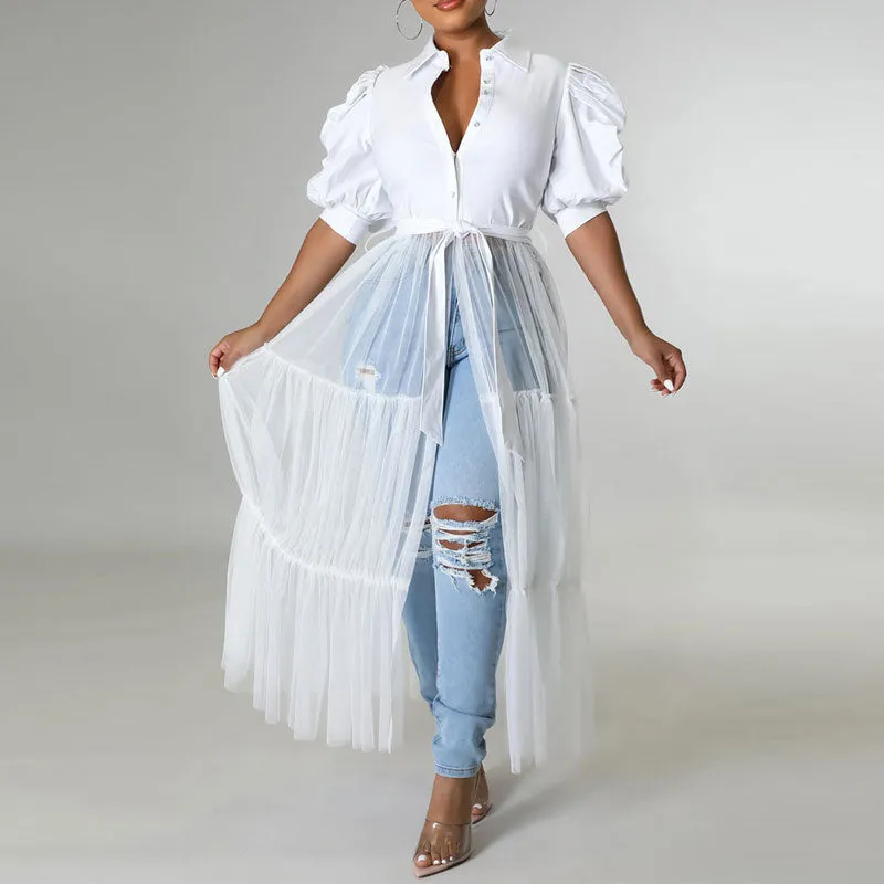 Solid Lantern Sleeve Sheer Mesh Patchwork Shirt Dress