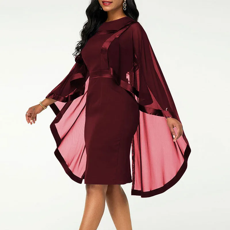 Solid Long Sleeve Sheer Mesh Cape Bodycon Dress