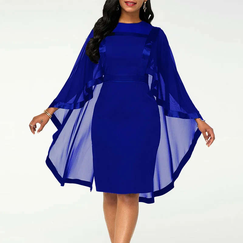 Solid Long Sleeve Sheer Mesh Cape Bodycon Dress