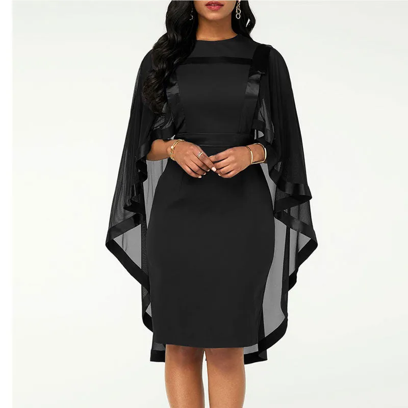 Solid Long Sleeve Sheer Mesh Cape Bodycon Dress