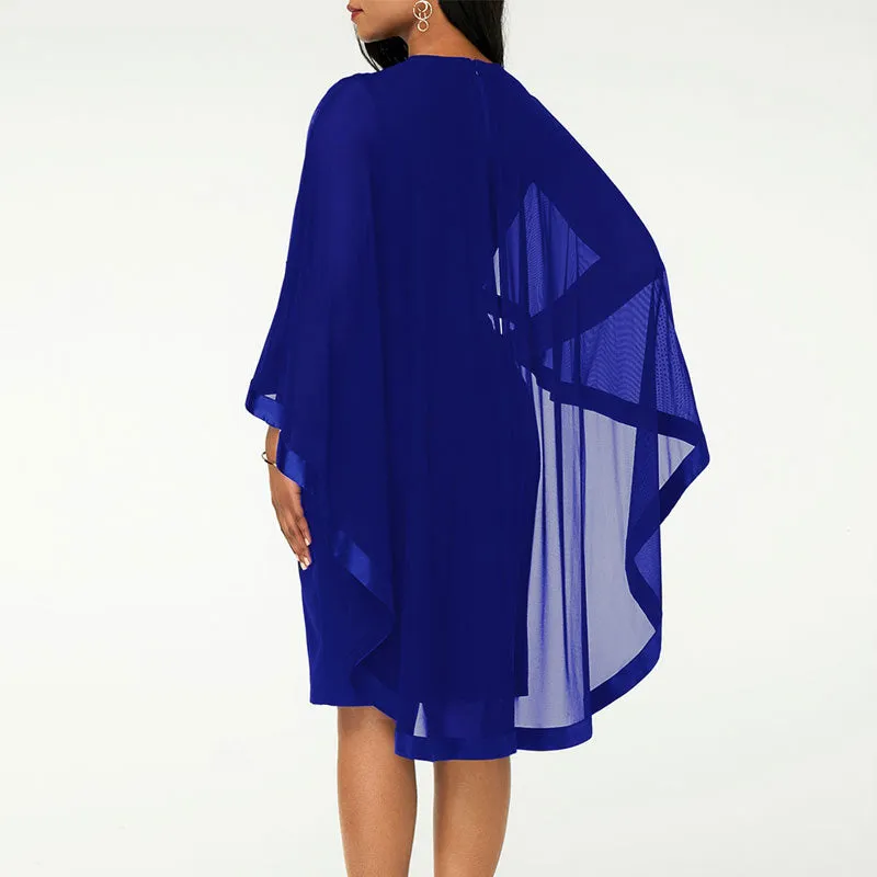 Solid Long Sleeve Sheer Mesh Cape Bodycon Dress