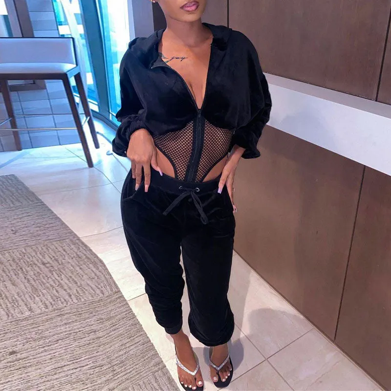 Solid Long Sleeve Sheer Mesh Patchwork Velvet Two Piece Set