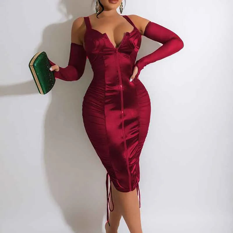 Solid Sleeveless Sheer Mesh Drawstring Midi Dress