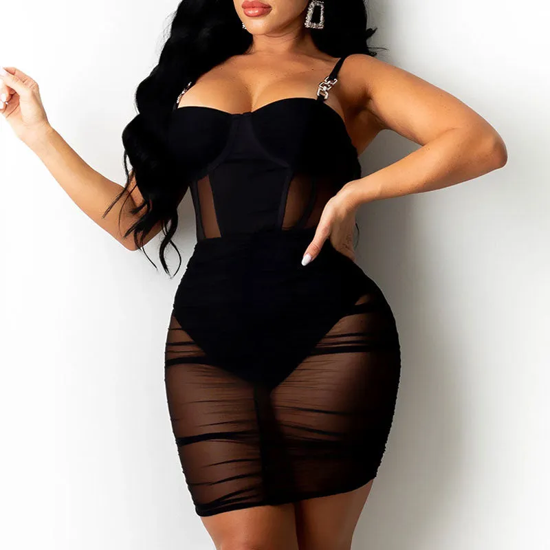 Solid Sleeveless Sheer Mesh Patchwork Bodycon Dress