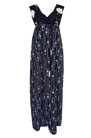 Spring 1977 Hanae Mori Fan & Flower Print Blue Yukata Cotton Dress