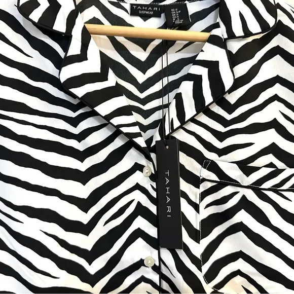 Tahari Satin Pajamas Small Zebra Print Black &amp; White Short Sleeve &amp; Shorts NWT