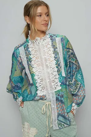 Teal Lace Detail Printed Button Down Shirt