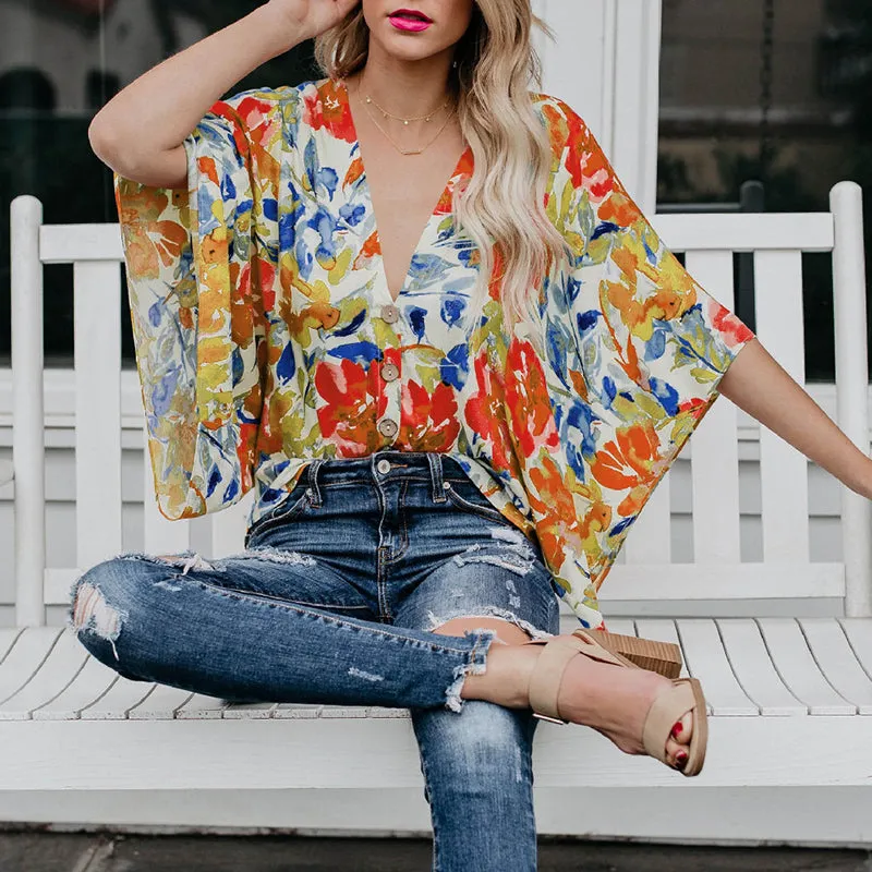 V-neck Loose Printed Single-breasted Shirt
