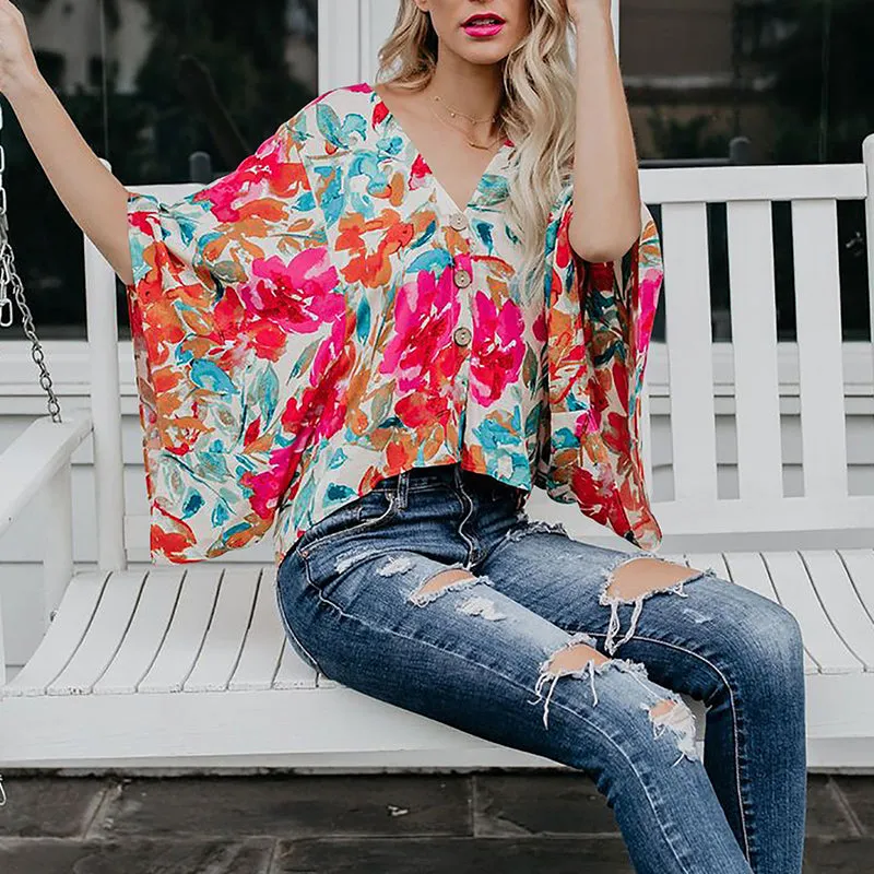 V-neck Loose Printed Single-breasted Shirt