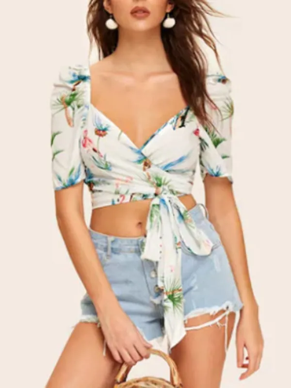 V-neck Slim Straps Printed Shirt Women