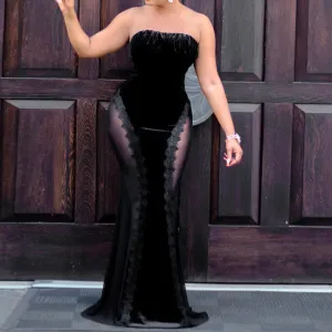 Velvet Off Shoulder Sheer Mesh Patchwork Maxi Dress