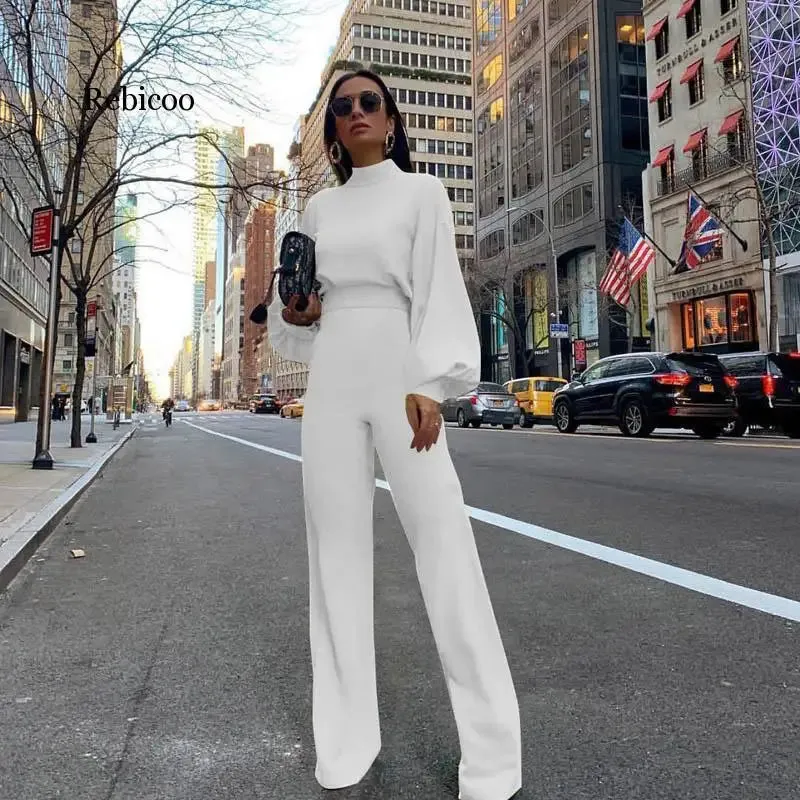 Women's Elegant Fall Fashion Slim Fit Jumpsuit Solid Skinny Casual Overalls Office Party Lantern Sleeve Mock Neck Jumpsuits