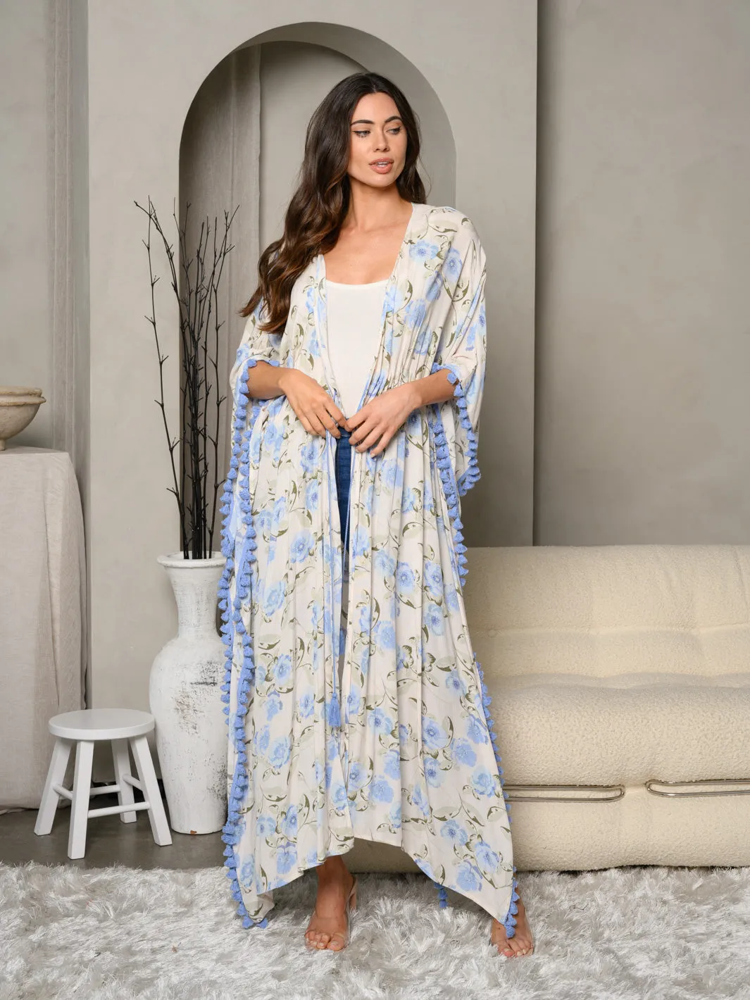 WOMEN'S SHORT SLEEVE FLORAL OPEN LONG CARDIGAN